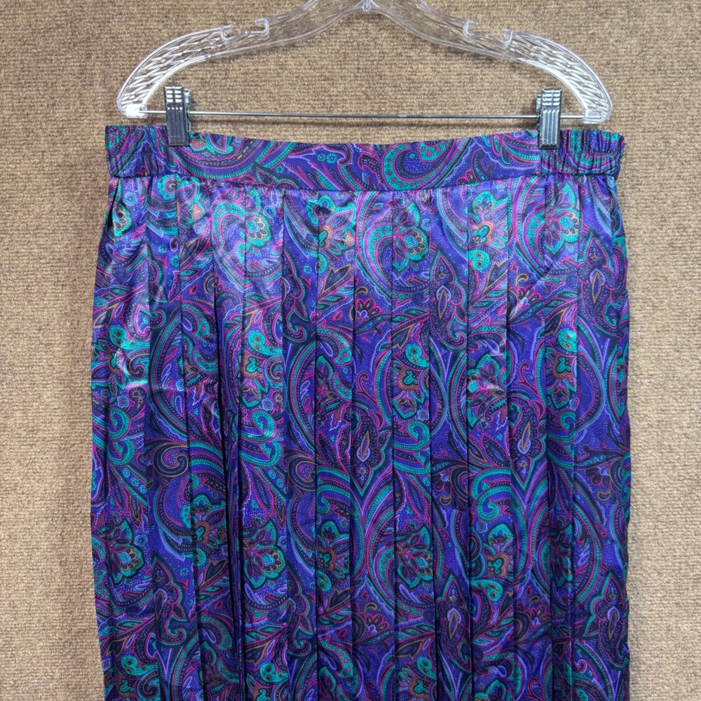 VTG Koret Multicolor Satin Boho Floral Paisley Full Pleated Skirt Sz 12 Pullon - Picture 3 of 10
